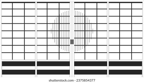 Puerta japonesa tradicional con silueta de sol contorno fondo de caricatura 2D. Puertas de shoji deslizantes ilustración de vector estética lineal. Pantallas de entrada de fondo de pantalla plana, imagen monocromática de lofi