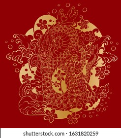 Traditional Japanese dragon with cherry blossom and wave for tattoo design.Hand drawn Chinese dragon for printing on shirt.Beautiful line art of dragon vector for painting on white isolated background