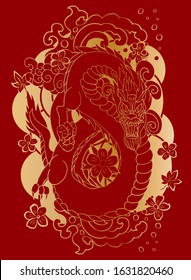 Traditional Japanese dragon with cherry blossom and wave for tattoo design.Hand drawn Chinese dragon for printing on shirt.Beautiful line art of dragon vector for painting on red background.gold line.
