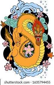 Traditional Japanese dragon with cherry blossom and wave for tattoo design.Hand drawn Chinese dragon for printing on shirt.Beautiful line art of dragon vector for painting on white isolated background