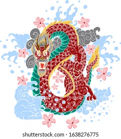 Traditional Japanese dragon with cherry blossom and wave for tattoo design. 