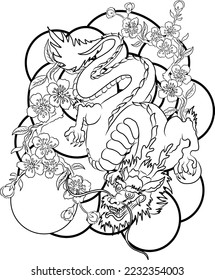 Traditional Japanese dragon with cherry blossom and wave for tattoo design.Hand drawn Chinese dragon for printing on shirt.Beautiful line art of dragon vector for painting on white isolated background