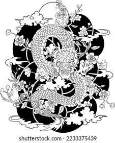 Traditional Japanese dragon with cherry blossom and wave for tattoo design.Hand drawn Chinese dragon for printing on shirt.Beautiful line art of dragon vector for painting on white isolated background