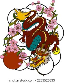 Traditional Japanese dragon with cherry blossom and wave for tattoo design.Hand drawn Chinese dragon for printing on shirt.Beautiful line art of dragon vector for painting on white isolated background