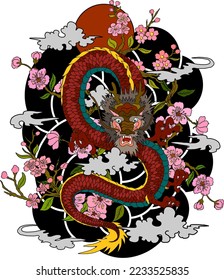 Traditional Japanese dragon with cherry blossom and wave for tattoo design.Hand drawn Chinese dragon for printing on shirt.Beautiful line art of dragon vector for painting on white isolated background