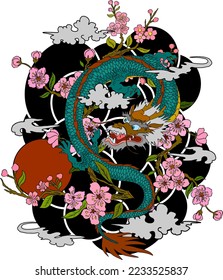 Traditional Japanese dragon with cherry blossom and wave for tattoo design.Hand drawn Chinese dragon for printing on shirt.Beautiful line art of dragon vector for painting on white isolated background