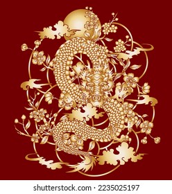 Traditional Japanese dragon with cherry blossom and wave for tattoo design.Hand drawn Chinese dragon for printing on shirt.Beautiful line art of dragon vector for painting on white isolated background