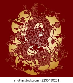 Traditional Japanese dragon with cherry blossom and wave for tattoo design.Hand drawn Chinese dragon for printing on shirt.Beautiful line art of dragon vector for painting on white isolated background