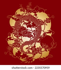 Traditional Japanese dragon with cherry blossom and wave for tattoo design.Hand drawn Chinese dragon for printing on shirt.Beautiful line art of dragon vector for painting on white isolated background