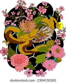 Traditional Japanese dragon with cherry blossom and wave for tattoo design.Hand drawn Chinese dragon for printing on shirt.Beautiful line art of dragon vector for painting on white isolated background