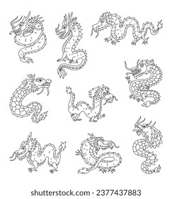 El dragón japonés tradicional. Colorante de página. Criatura mitológica asiática y oriental. Estilo dibujado a mano. Dibujo de vectores. Colección de elementos de diseño.