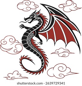 Traditional Japanese dragon flying with bold red and black style and stylized clouds, perfect for cultural designs, folklore themes, and Asian art visuals