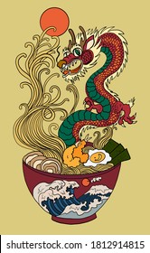 Traditional Japanese dragon on ramen art for painting on wallpaper.