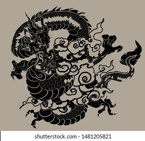 Dragón tradicional japonés para imprimir y tatuar estilo en segundo plano. Dragón chino y vector de nube.