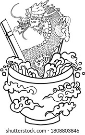 Traditional Japanese dragon and wave on bowl.Vector illustration of Japanese culture for printing on wallpaper.Chinese dragon and cloud for painting on background.