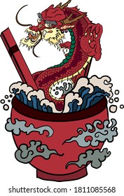 Traditional Japanese dragon and wave on bowl.Vector illustration of Japanese culture for printing on wallpaper.Chinese dragon and cloud for painting on background.