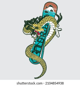 Traditional japanese dragon wrapped on a snowboard with a mount fuji graphic