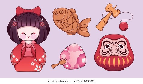 Colección tradicional de Elementos japoneses - buena suerte talismán daruma figurina, juguete kendama, taiyaki pez en forma de galleta, abanico rosa, muñeca kokeshi de geisha en kimono. Conjunto de Ilustración vectorial de línea de dibujos animados