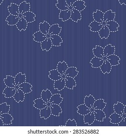 Traditional Japanese Embroidery Ornament with blooming sakura flowers. Seamless pattern. Sashiko motif - blooming cherry flowers. Floral backdrop. Needlework texture.