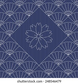 Traditional Japanese Embroidery Ornament with fan and sakura flower. Sashiko motif - fans. Abstract backdrop. Needlework texture. Vector. Can be used as seamless pattern.