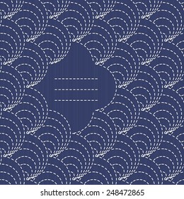 Traditional Japanese Embroidery Ornament with stylized shells and place for your text. Round sashiko motif. Abstract backdrop. Needlework texture. Vector. Can be used as seamless pattern.