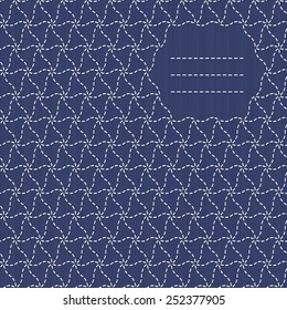 Traditional Japanese Embroidery Ornament and text frame. Monochrome Sashiko motif - plover (chidori).  Abstract vector backdrop. Needlework texture. Can be used as seamless pattern.