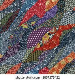 Traditional Japanese fabric patchwork wallpaper abstract vector  seamless pattern 