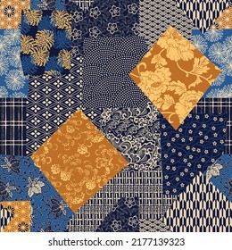 Traditional Japanese fabric patchwork wallpaper abstract vector  seamless pattern 