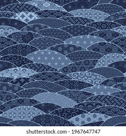 Traditional Japanese fabric waves patchwork abstract vector seamless pattern 