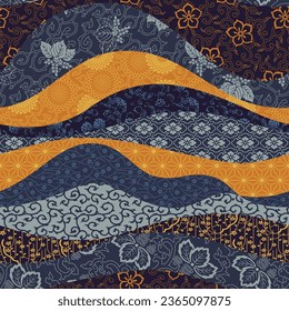 Traditional  Japanese fabric waves patchwork wallpaper vintage vector seamless  pattern