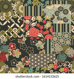 Traditional Japanese fabrics patchwork  abstract floral vector seamless pattern 