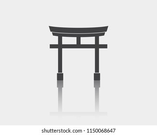 Traditional japanese floating torii gate vector web icon isolated on white background with mirror reflection, EPS 10, top view