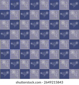 Padrão tradicional japonês floral sashiko patchwork sem costura. Textura abstrata. As linhas de traço branco florescem no fundo azul.