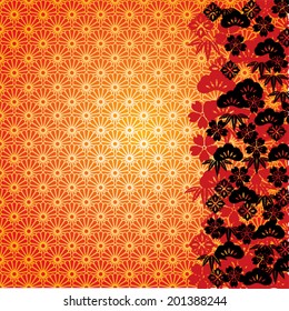 Traditional Japanese flower pattern background with red and black border