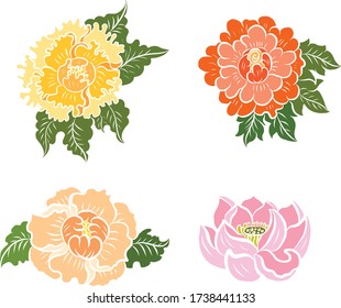 Traditional Japanese flower vector for doodle art and tattoo design.Thai peony and Hibiscus flower illustration art.Cherry blossom and lotus.
