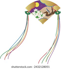 A traditional Japanese folding fan. Women have it. An image illustration of a cypress fan with a picture of a bird and a full moon.