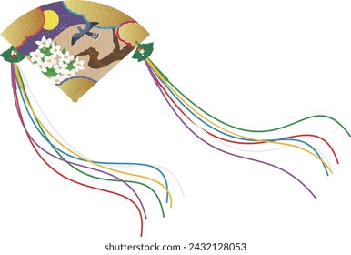 A traditional Japanese folding fan. Women have it. An image illustration of a cypress fan with a picture of a bird and a full moon.