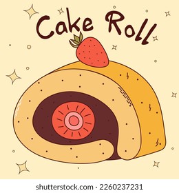 Traditional Japanese food. Asian cake roll with strawberry. Vector illistration