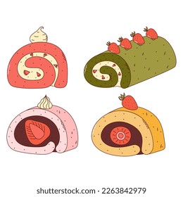 Traditional Japanese food. Asian cake roll with strawberry. Vector illistration