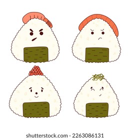 Traditional Japanese food. Asian cute onigiri with funny faces. Vector illistration