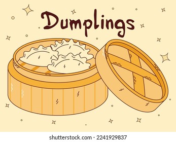 Traditional Japanese food. Asian dumplings in bamboo steamer basket. Vector illistration