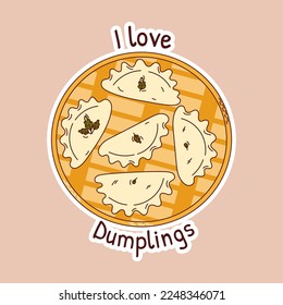 Traditional Japanese food. Asian dumplings in bamboo steamer basket stickers. Vector illistration