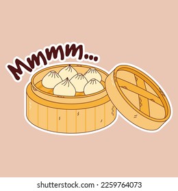 Traditional Japanese food. Asian dumplings in bamboo steamer basket stickers. Vector illistration