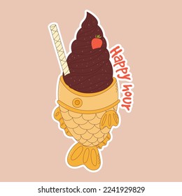 Traditional Japanese food. Asian Taiyaki sticker. Fish-shaped ice cream. Vector illistration