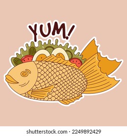Traditional Japanese food. Asian Taiyaki sticker. Fish-shaped sandwich. Vector illistration