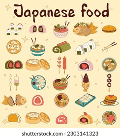 Traditional Japanese food. Asian yakitori skewers, ramen, dumplings, taiyaki, matcha cake roll, shabu shabu, onigiri, wonton, daifuku. Vector illistration