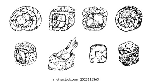 Traditional Japanese food, california philadelphia alaska sushi rolls with raw fish salmon unagi tuna shrimp, hand drawn in vector pen and ink. Set of elements for restaurant, cafe menu, recipe book