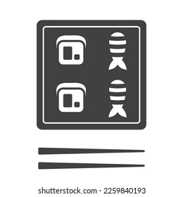 Traditional japanese food and chopsticks icons. Mini sushi set outline illustration. Rolls set on wood board isolated on white background.