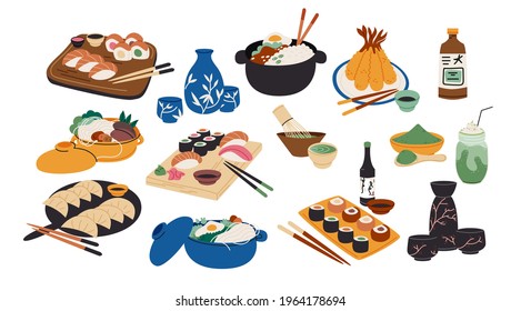 Traditional Japanese food collection. Donabe hot pot, sushi rolls, sake bottles and matcha tea set. Different Asian cuisine dishes and tasty meals in flat design .