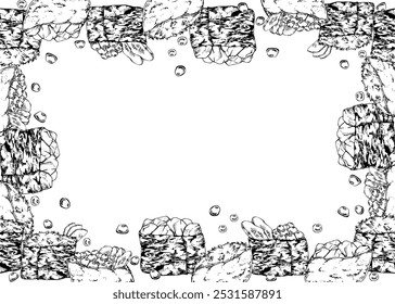Comida tradicional japonesa, sushi de gunkan inari com peixe cru, caranguejo de atum de salmão, pepino de caviar mão de gengibre desenhada em caneta vetorial e tinta. Borda quadro para restaurante, menu café, cozinha, livro de receitas